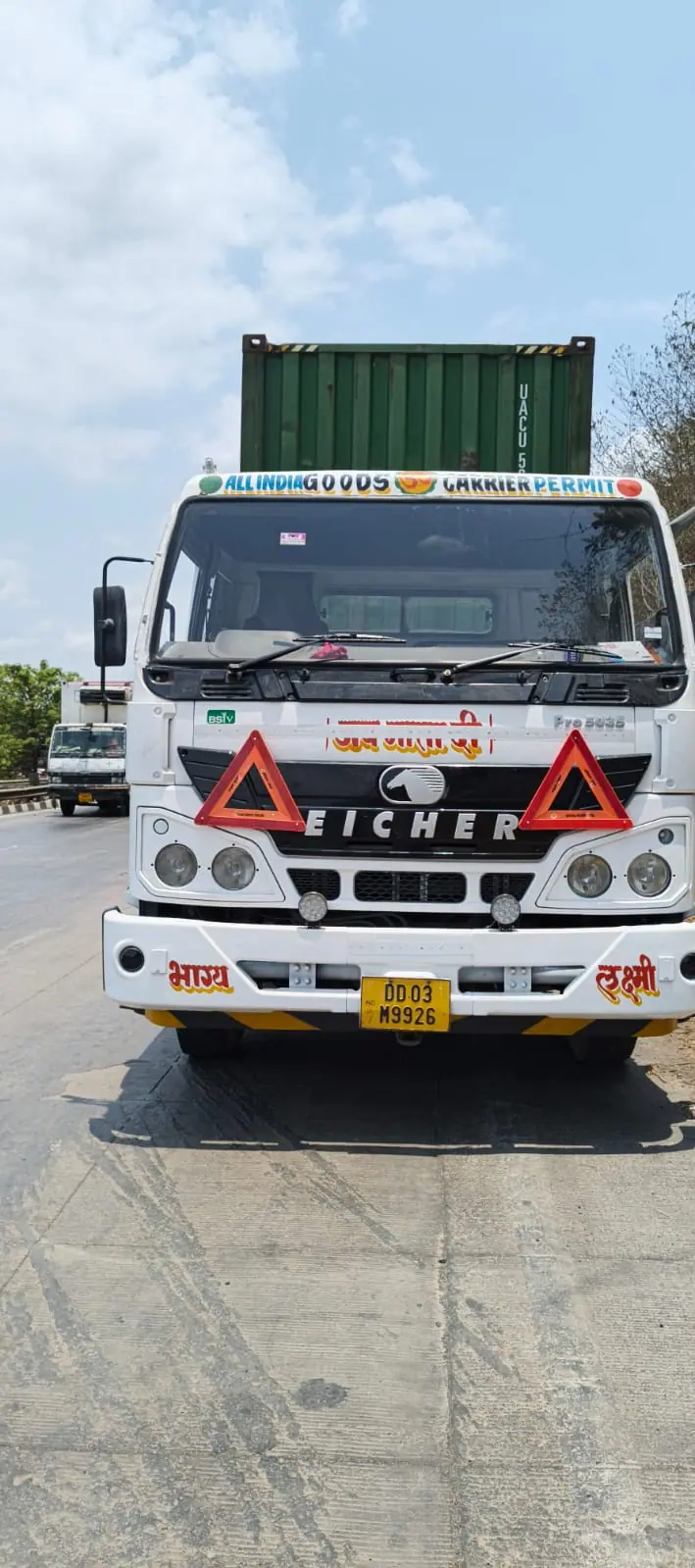 Truck carrying a green container on a highway